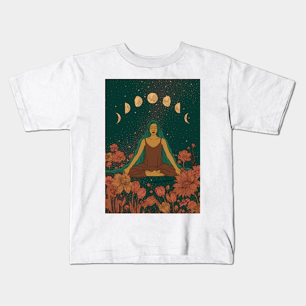 Meditation Flower Girl Moon phases Kids T-Shirt by Sierraillustration